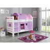 Literas de madera con cortinas lila rosa