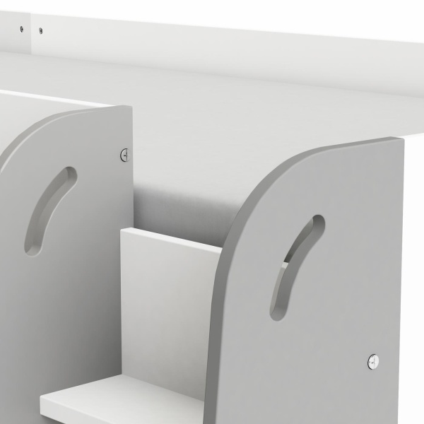 Cama alta juvenil con escritorio extraíble con ruedas y estanterías. Práctica y moderna 