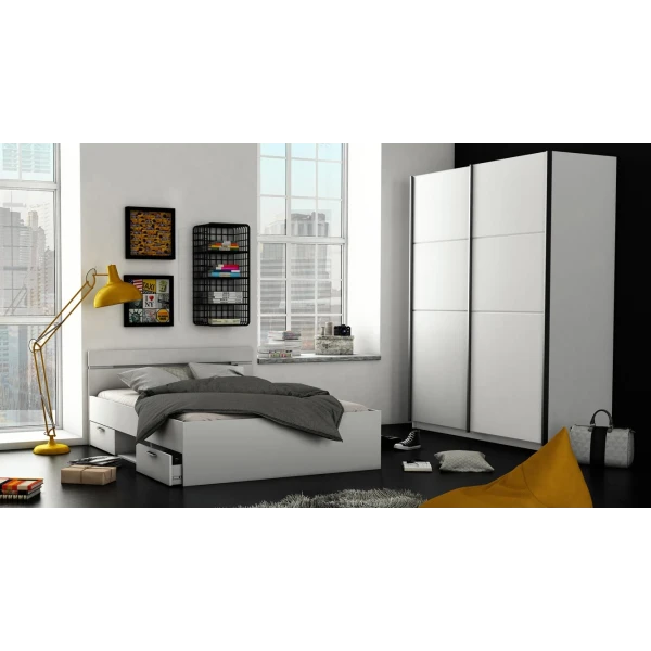 Cama doble con cabezal y cajones inferiores y estante. 140 x190 cm. Cama moderna y funcional.