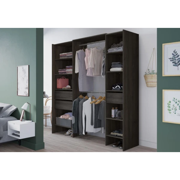 Vestidor abierto de 192 x 50 cm con 2 barras, 3 cajones y 9 estanterias. Gran capacidad almacenaje