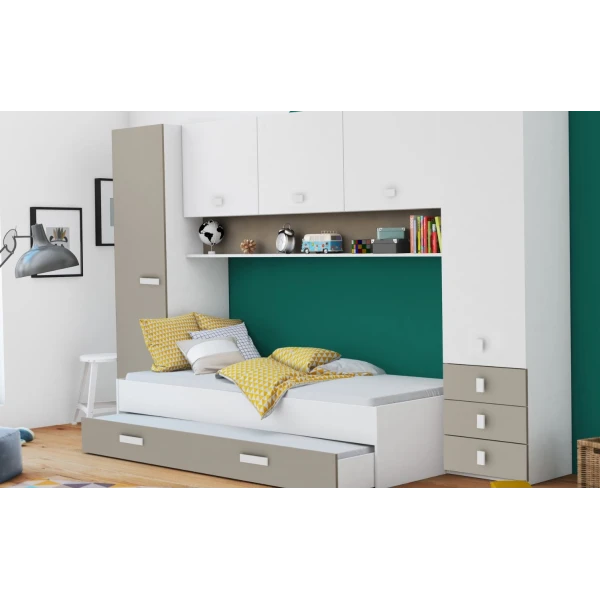 Mueble-Dormitorio. Incluye cama, 2 puertas-Armario, 3 cajones y estante. Funcional. Gran relación calidad-precio. Juvenil.