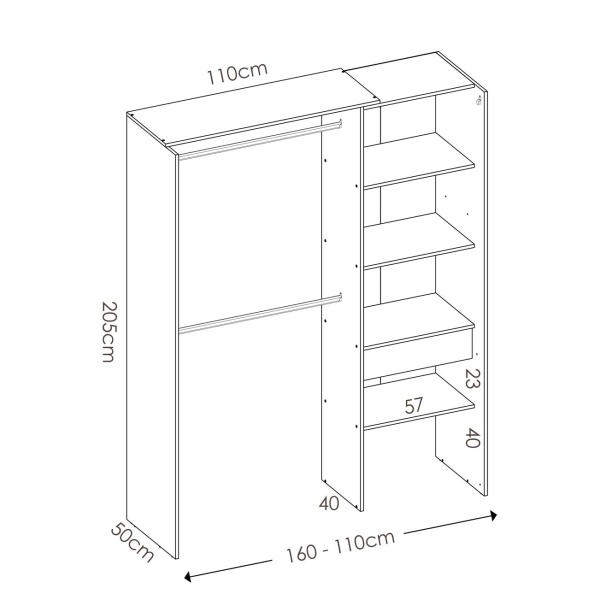 Vestidor con cajón y cortina moderno. 2 barras-colgador. 4 estantes. Armario abierto con cortina.