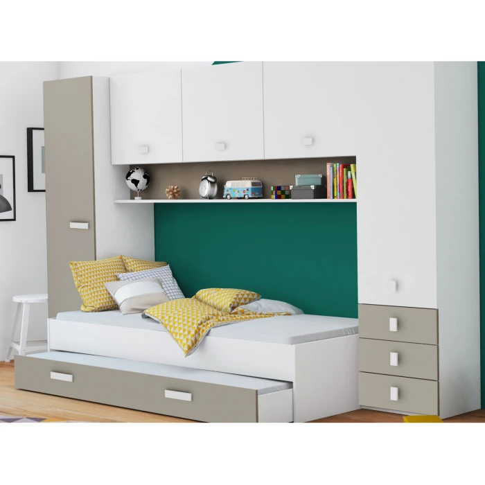 Mueble-Dormitorio. Incluye cama, 2 puertas-Armario, 3 cajones y estante. Funcional. Gran relación calidad-precio. Juvenil.