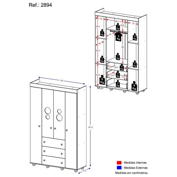 Armario ropero infantil blanco BUBBLES con medidas detalladas, diseño funcional y compacto