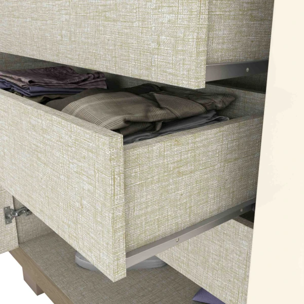 Detalle del cajón del armario Sirius con acabado texturizado y guía suave – Vicawu