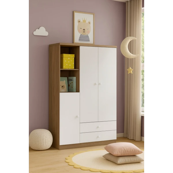 Armario Infantil Mint en dormitorio infantil decorado, diseño madera y blanco moderno.