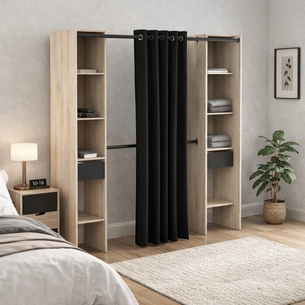 Vestidor Bastet Plus Vicawu ambientado en dormitorio moderno con cortina y cajones