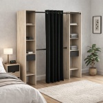 Vestidor Bastet Plus Vicawu ambientado en dormitorio moderno con cortina y cajones