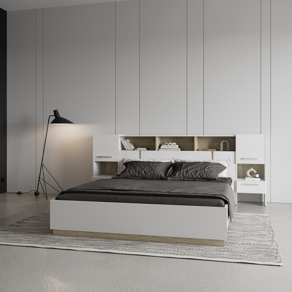 Decoración de interiores con Cama con Diseño Minimalista Nord, tonos neutros y madera