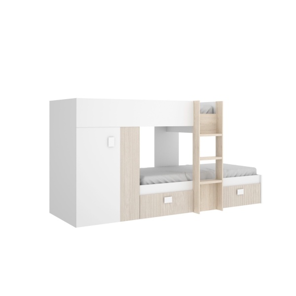 Cama tren con armario Colin en blanco y roble claro, escalera y cajones