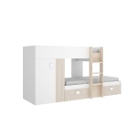 Cama tren con armario Colin en blanco y roble claro, escalera y cajones