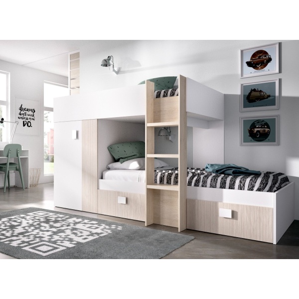 Cama tren Colin con armario en dormitorio infantil, blanco y roble claro