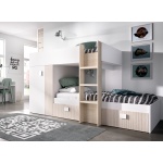 Cama tren Colin con armario en dormitorio infantil, blanco y roble claro