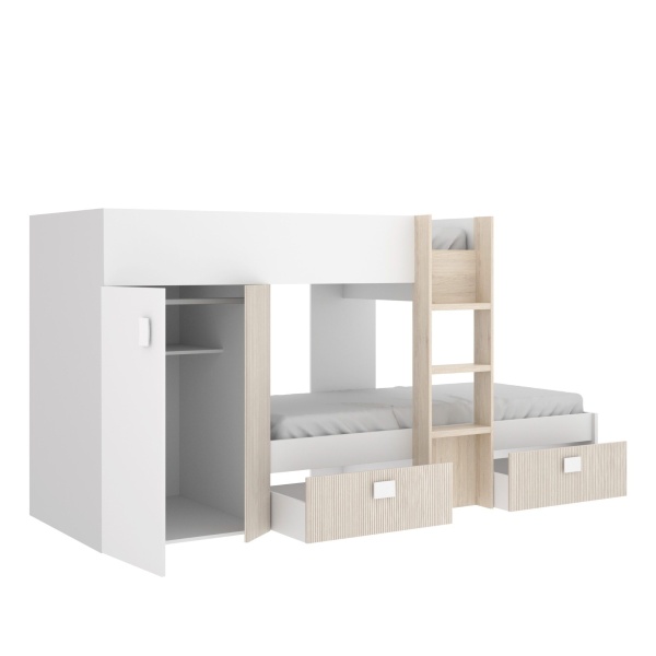 Cama tren Colin con armario y cajones abiertos, vista interior