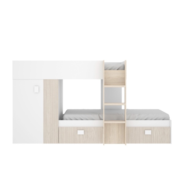 Cama tren Colin con armario vista frontal, blanco y roble claro