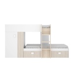 Cama tren Colin con armario vista frontal, blanco y roble claro