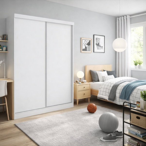 Armario Soyo con puertas correderas reversibles en blanco, dormitorio moderno de estilo minimalista