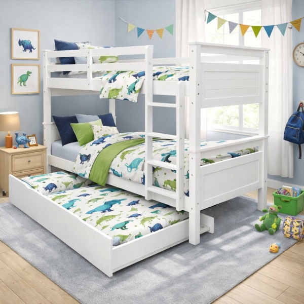 Litera Madera Titan Vicawu blanca con cama nido inferior en dormitorio infantil moderno