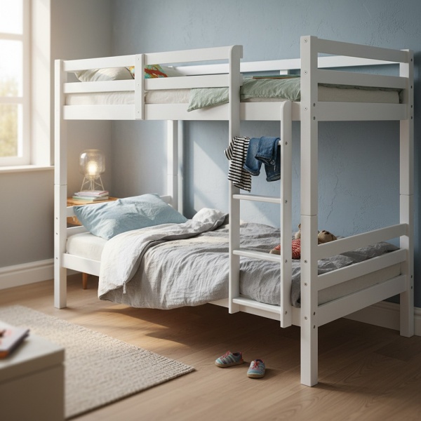 Litera Atlas Vicawu de madera blanca en dormitorio infantil moderno con escalera