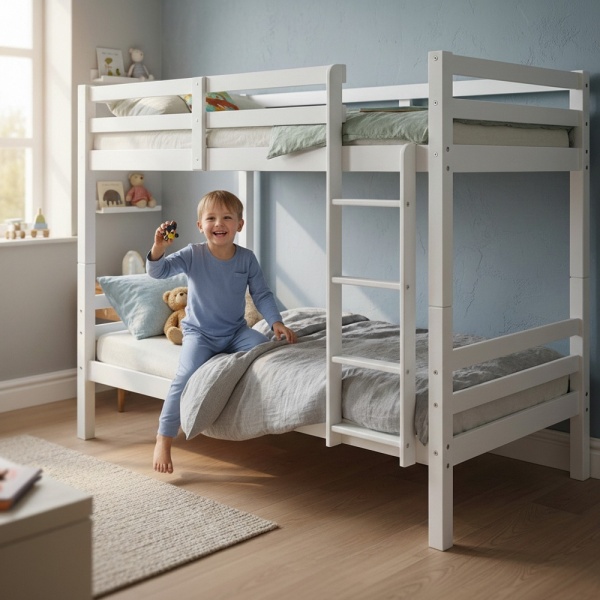 Litera Atlas Vicawu de madera blanca en dormitorio infantil con niño jugando