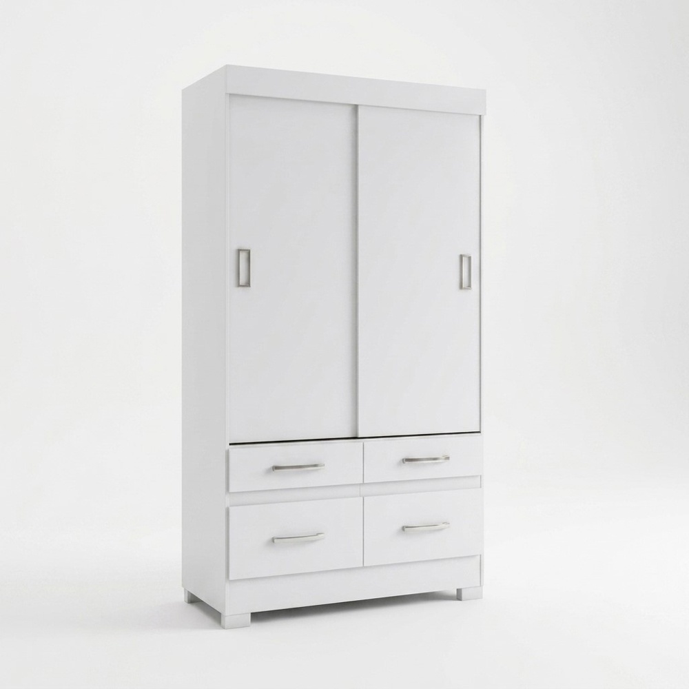 Armario puertas correderas blanco con cuatro cajones, barra colgadora y estantes