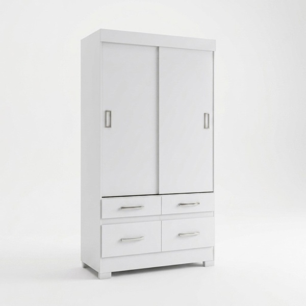 Armario puertas correderas blanco con cuatro cajones, barra colgadora y estantes