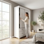 Armario puertas correderas blanco con cuatro cajones, barra colgadora y estantes