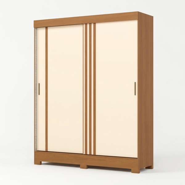 Armario ropero Auror con puertas correderas en roble canela natural y beige, diseño moderno