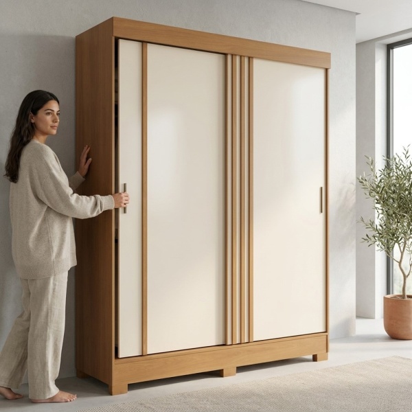 Armario Auror en roble canela natural y beige con puertas correderas, uso real en dormitorio