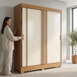 Armario Auror en roble canela natural y beige con puertas correderas, uso real en dormitorio