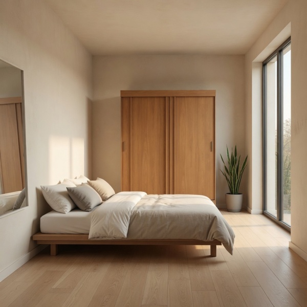 Dormitorio moderno con armario Auror en roble canela natural y beige, diseño minimalista