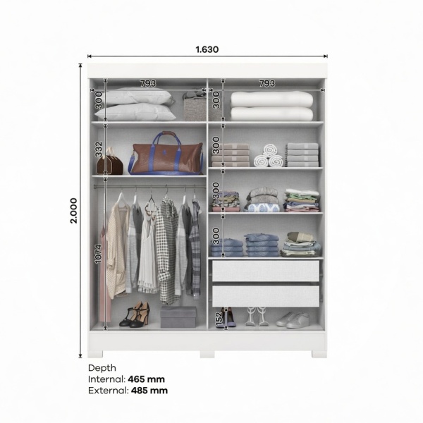 Medidas Armario Ropero con Cajones Bayron 200x163 cm con distribución interior detallada y capacidad