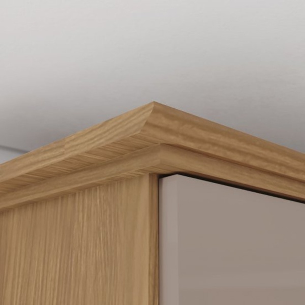 Armario Vestidor Crisol detalle superior en roble natural con acabado gris shine, estilo elegante