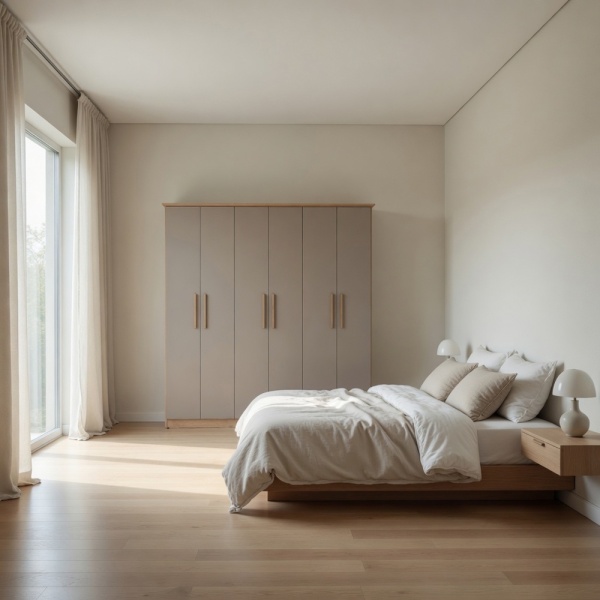 Armario Vestidor Crisol en gris shine y roble natural integrado en dormitorio moderno y luminoso