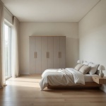 Armario Vestidor Crisol en gris shine y roble natural integrado en dormitorio moderno y luminoso