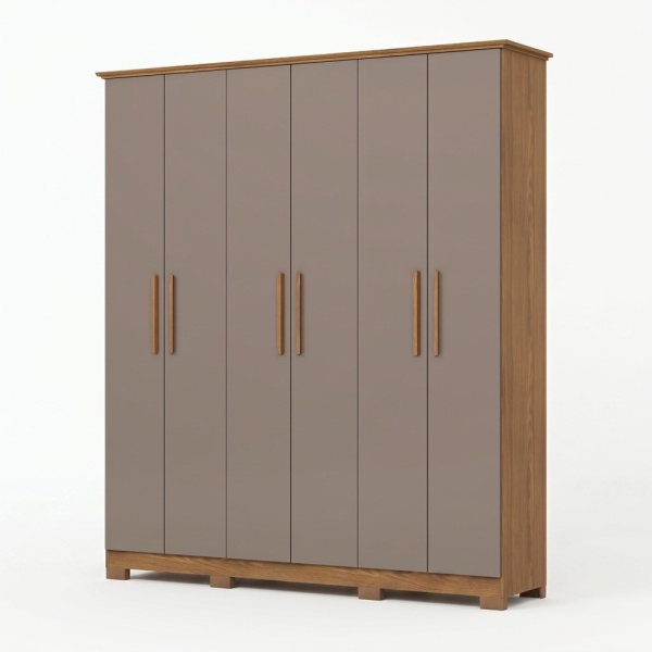 Armario Vestidor Crisol 6 puertas en gris shine y roble natural, diseño moderno para dormitorio