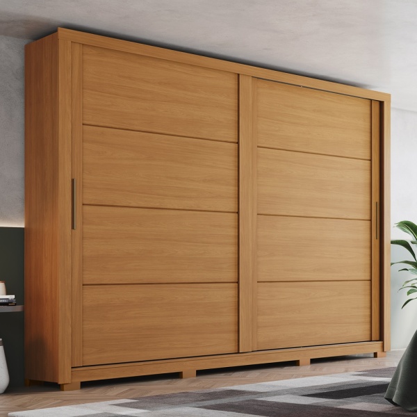 Armario puertas correderas Genius en roble canela, diseño moderno y gran capacidad de almacenamiento