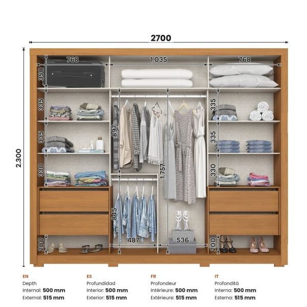 Medidas del armario Genius de 270 cm con distribución interior y profundidad optimizada