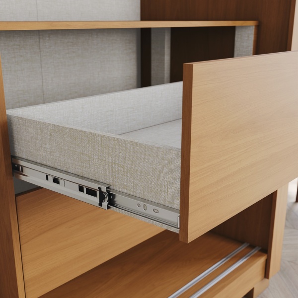Cajón interior del armario Genius en roble canela con guías metálicas, suave apertura y gran capacidad