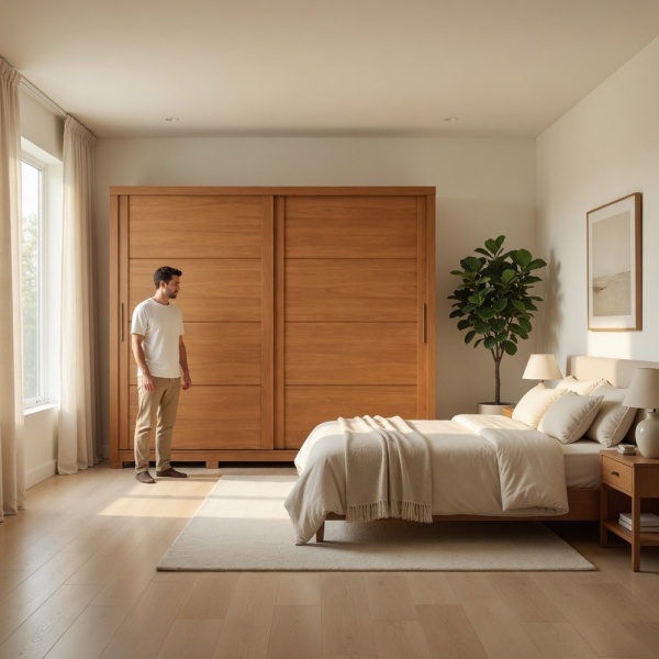 Armario Genius en dormitorio moderno en roble canela, puertas correderas y gran presencia