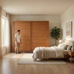 Armario Genius en dormitorio moderno en roble canela, puertas correderas y gran presencia