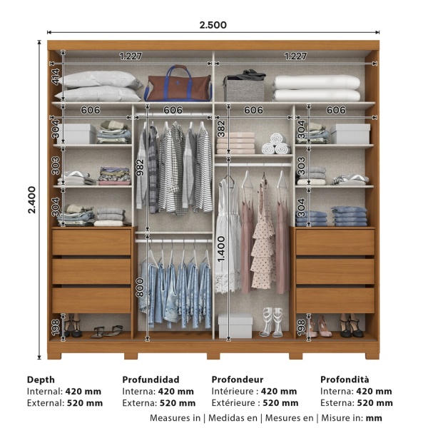 Medidas armario Rufus 250x240 cm con distribución interior y profundidad detallada