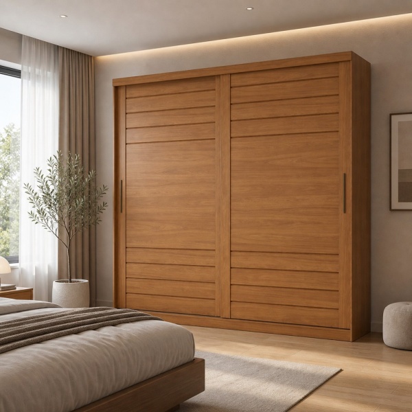 Armario puertas correderas Rufus acabado roble cálido, estilo contemporáneo para dormitorio