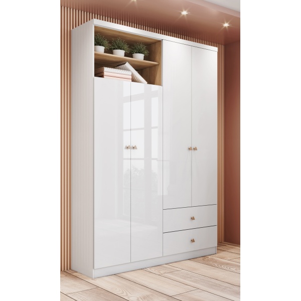 Armario moderno Gamil Vicawu blanco con detalles en madera para dormitorios elegantes