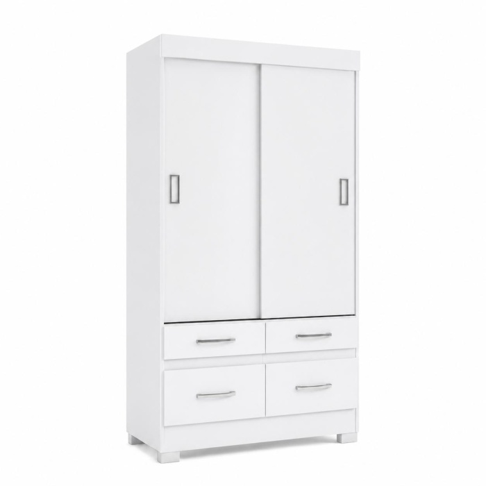 Armario puertas correderas blanco con cuatro cajones, barra colgadora y estantes